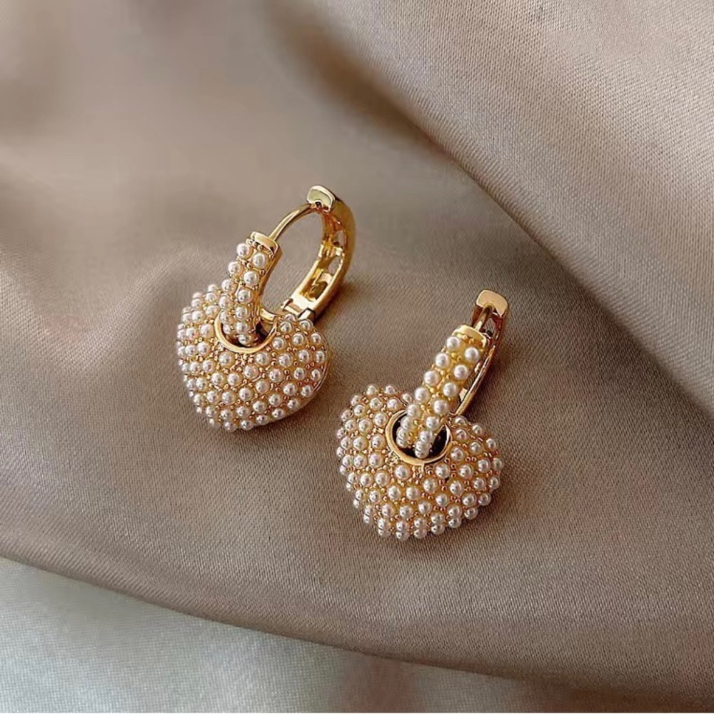 Simulated Pearl Convertible Huggie Hoop Dangling Heart Custom Earrings Valentine